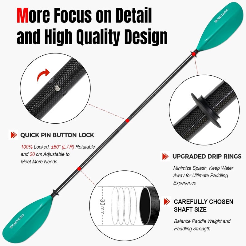 WONITAGO Kayak Paddle Carbon Fiber Shaft and Reinforced Nylon Blade, Adjustable Kayaking Oars, 3 Piece, 230-250 cm/90-98 Inches,210-230 cm/82-90 inches - Image 5